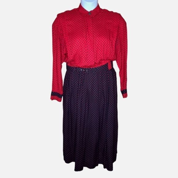 VINTAGE 80s red‎ and black polka dot long sleeve modest midi dress M - Picture 1 of 10
